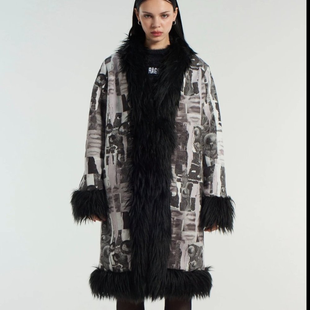 Graphic printed trench coat with faux black